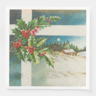 Christmas Scene Holly Snow Winter Napkin