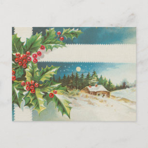 Christmas Scene Holly Snow Winter Postcard