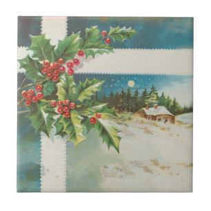 Christmas Scene Holly Snow Winter Tile