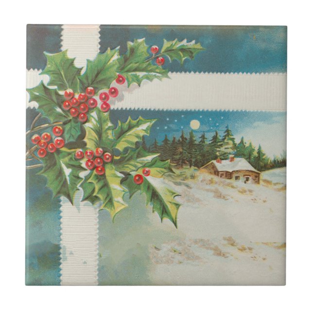 Christmas Scene Holly Snow Winter Tile (Front)