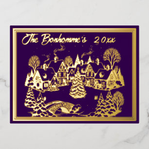 Christmas Scene in Gold with Purple Foil Holiday Postcard