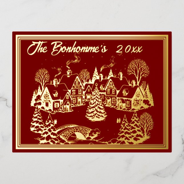 Christmas Scene in Gold with Red Foil Holiday Postcard (Front)