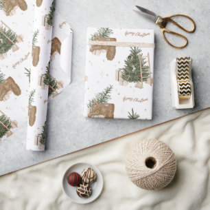 Christmas Scene Pine Tree Watercolor Holiday Gift Wrapping Paper