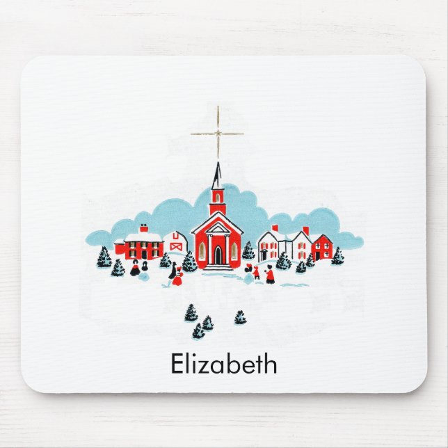 Christmas Scene with a Red Church and Star Above Mouse Pad (Front)