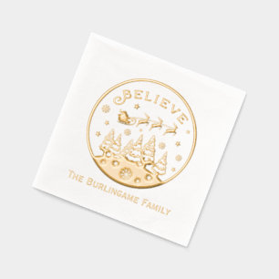 Christmas Scene with “Believe” Text Family Name Foil Napkins