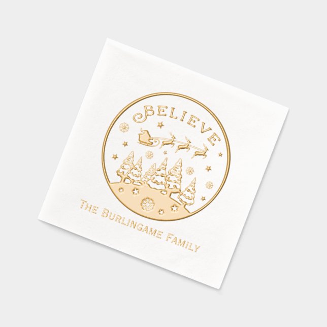Christmas Scene with “Believe” Text Family Name Foil Napkins (Left)