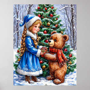 Christmas Scene with Girl and Teddy Bear Poster