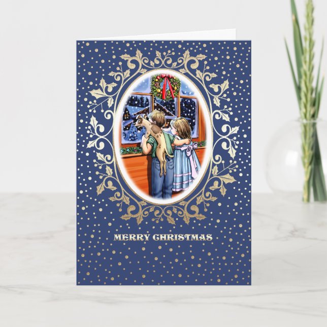 Christmas Scene with Kids & Puppy  Holiday Card (Front)
