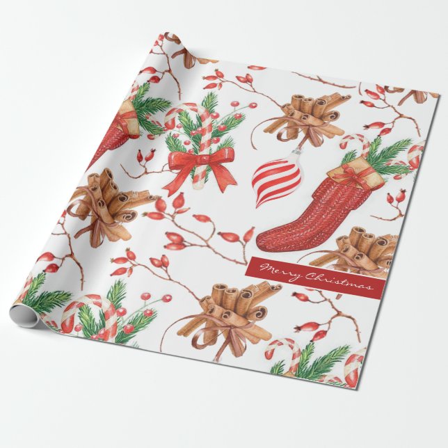 Christmas Scents Cinnamon and Peppermint Pattern Wrapping Paper (Unrolled)
