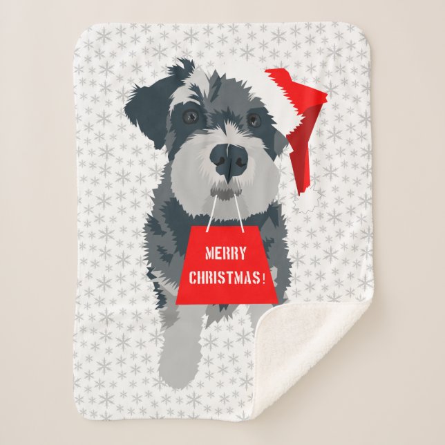 Christmas Schnauzer Dog Santa Hat Sherpa Blanket (Front)