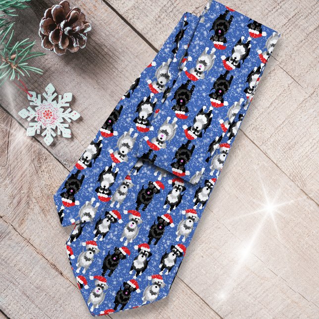 Christmas Schnauzers in Santa Hats Blue Background Tie (Creator Uploaded)