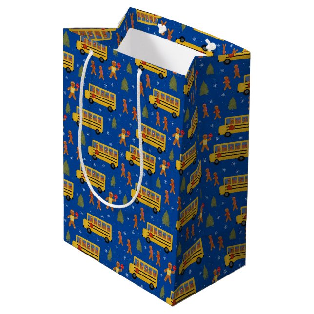 Christmas School Bus Gingerbread Crossing Guard Medium Gift Bag (Back Angled)