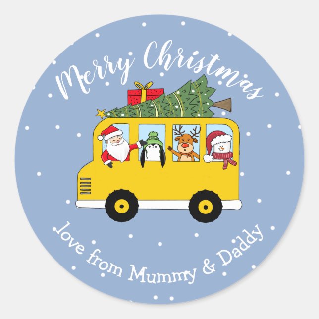 christmas school bus santa child gift wrapping classic round sticker (Front)