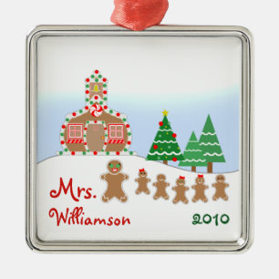 Christmas Schoolhouse Scene - Gingerbread Teacher Metal Ornament