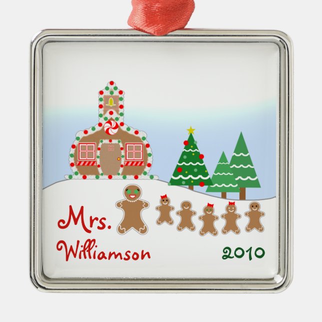 Christmas Schoolhouse Scene - Gingerbread Teacher Metal Ornament (Front)