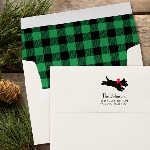 Christmas Scottie Dog Buffalo Plaid Name Green Envelope