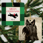 Christmas Scottie Dog Photo Buffalo Plaid Green Ceramic Ornament<br><div class="desc">Create your own Christmas ornament that can be enjoyed for years to come! Featuring a personalized name and photo, and a vintage style scottie dog illustration, with a traditional Buffalo Plaid check pattern in green and black. A versatile template that is perfect for photos of pets, kids, family and friends,...</div>