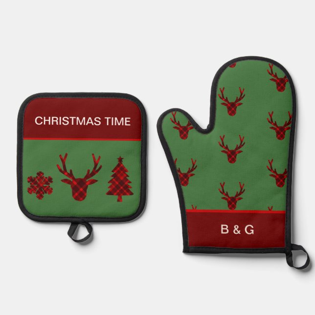 christmas scottish pattern illustration oven mitt & pot holder set (Front)