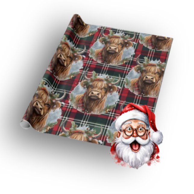 Christmas Scottish Tartan green red Highlander  Wrapping Paper (Merry Christmas Cow)