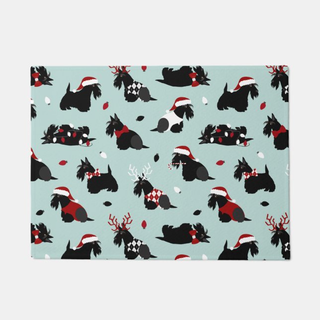 Christmas Scottish Terrier Blue Doormat (Front)