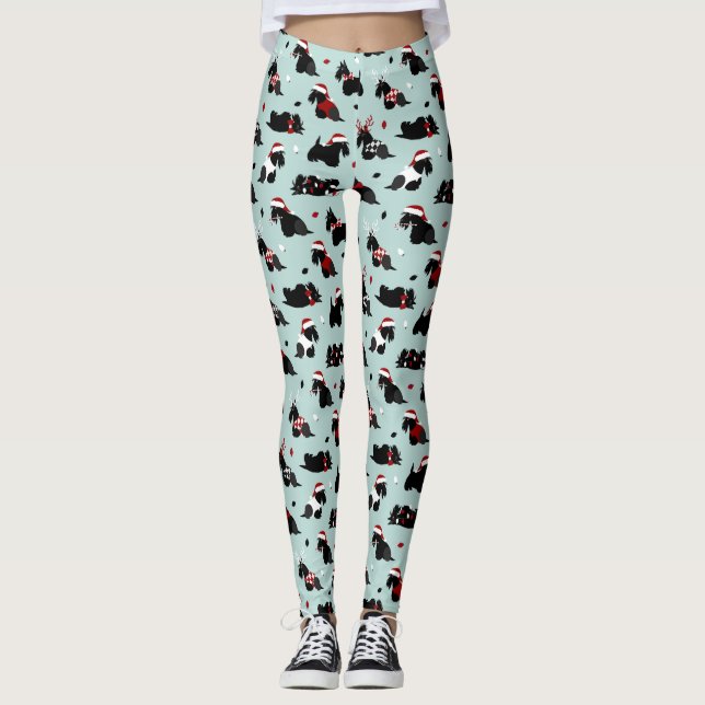 Christmas Scottish Terrier Blue Leggings (Front)