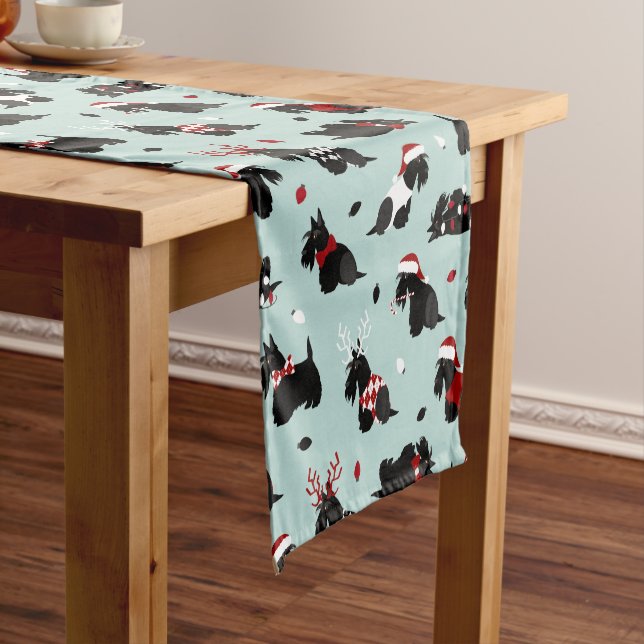 Christmas Scottish Terrier Blue Short Table Runner (In Situ)