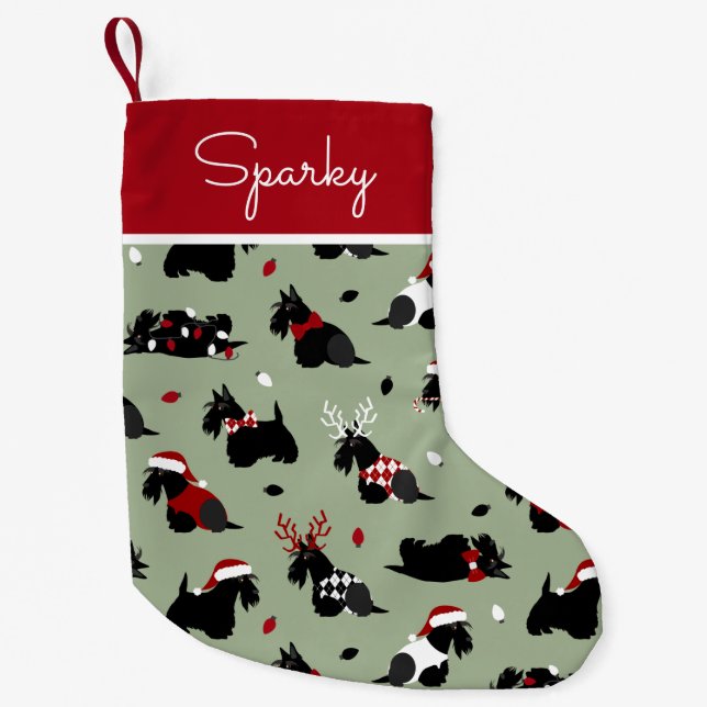 Christmas Scottish Terrier Green Small Christmas Stocking (Front)