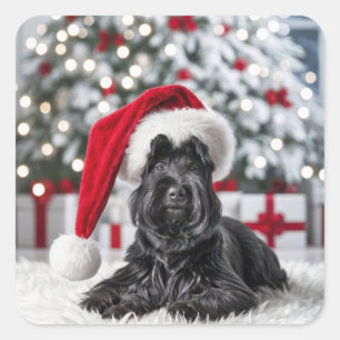 Christmas Scottish Terrier On a White Rug Square Sticker