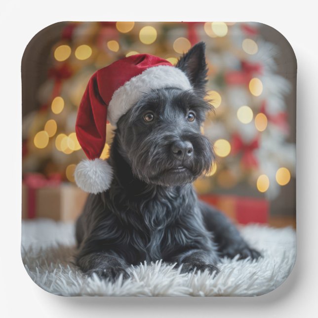 Christmas Scottish Terrier On Fur Paper Plate (Front)