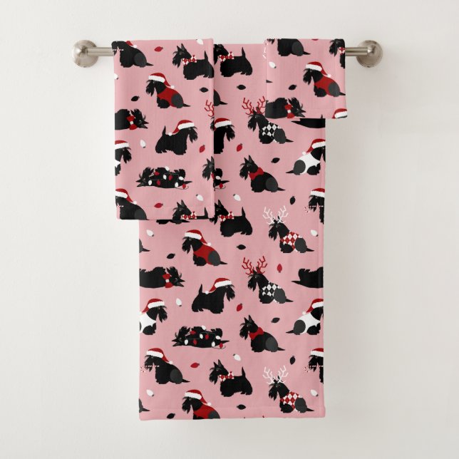 Christmas Scottish Terrier Pink Bath Towel Set (Insitu)