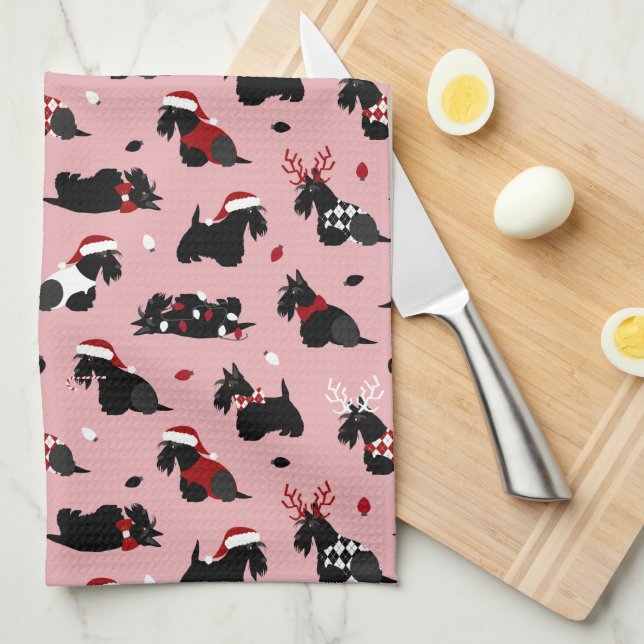 Christmas Scottish Terrier Pink Kitchen Towel (Quarter Fold)