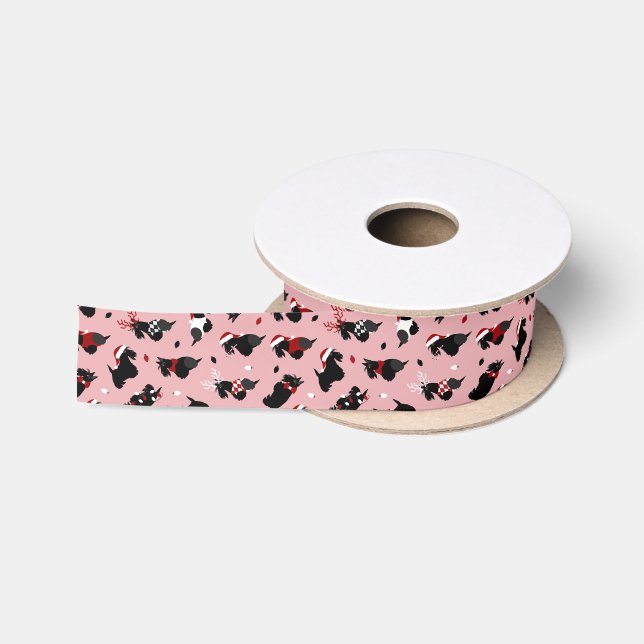 Christmas Scottish Terrier Pink Satin Ribbon (Spool)