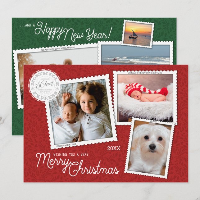 Christmas Scrapbook Red & Green | 8 Photo Collage Holiday Card (Front/Back)