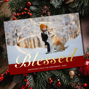 Christmas Script Blessed Modern Photo Foil Holiday Card