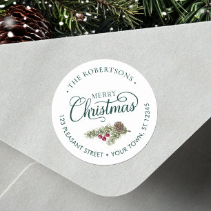 Christmas Script Botanical Green Return Address Classic Round Sticker