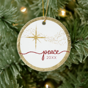 Christmas Script Peace Star Gold Red Glitter Photo Ceramic Ornament
