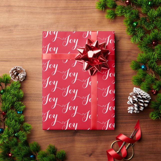 Christmas Script Typography Joy Pattern Red White Wrapping Paper (Holiday Gift)