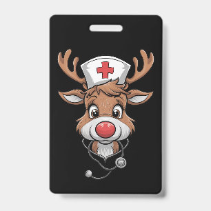 Christmas Scrub Top Reindeer Rubber Gloves Nurses Badge