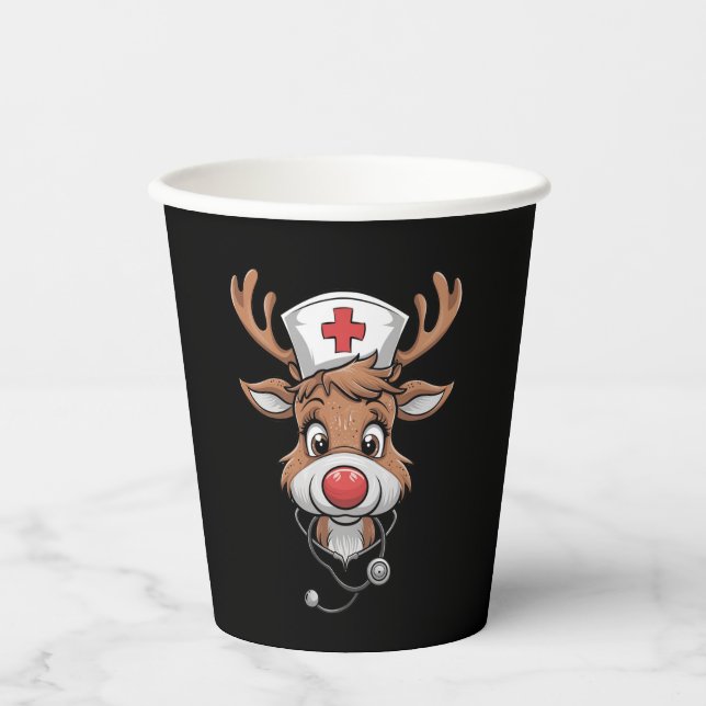 Christmas Scrub Top Reindeer Rubber Gloves Nurses Paper Cups (Front)