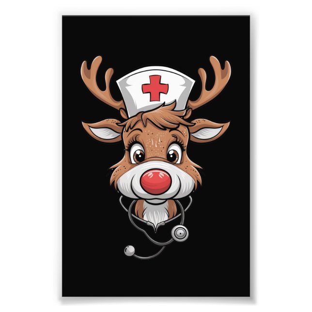 Christmas Scrub Top Reindeer Rubber Gloves Nurses Photo Print (Front)
