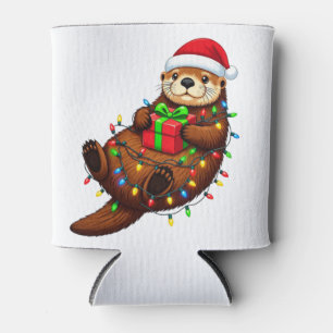 : Christmas Sea Otter Enhydra Lutris Santa Hat   Can Cooler