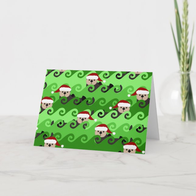 Christmas Sea Otters Green Waves Holiday Card (Front)