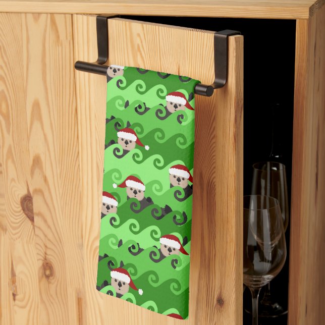 Christmas Sea Otters Green Waves Kitchen Towel (Thirds Fold)