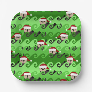 Christmas Sea Otters Green Waves Paper Plate