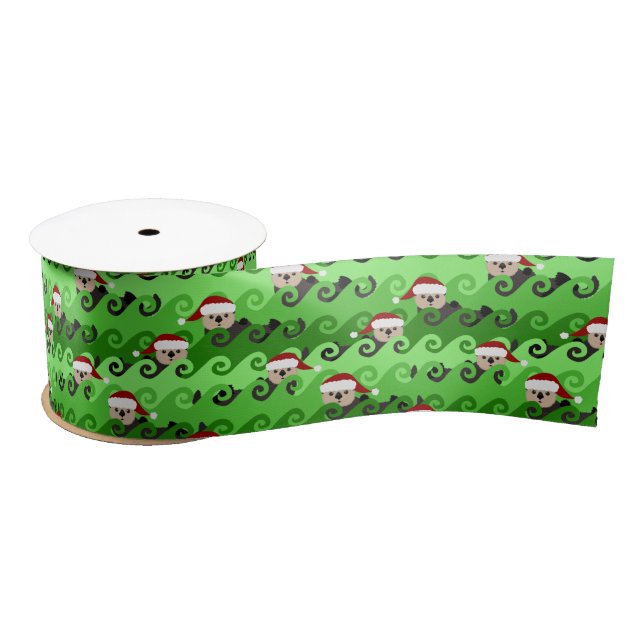 Christmas Sea Otters Green Waves Satin Ribbon (Spool)
