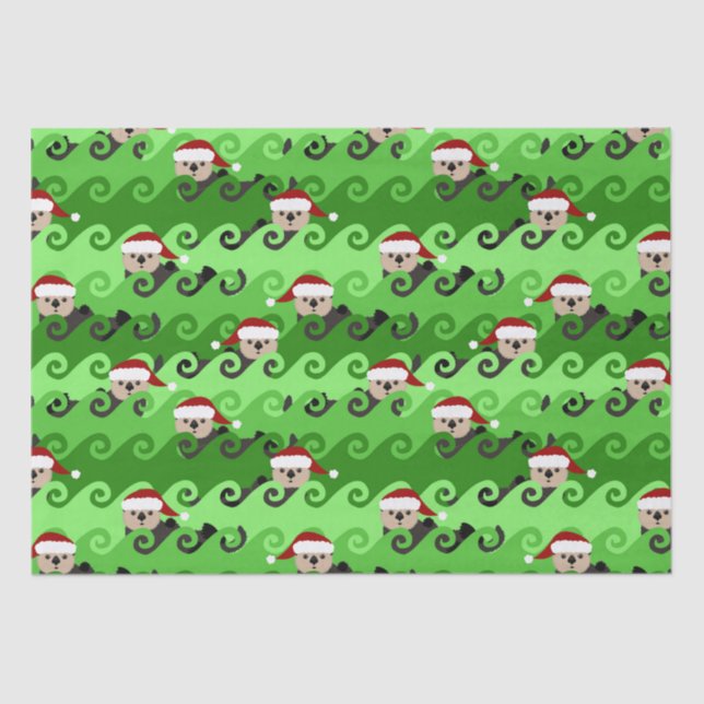 Christmas Sea Otters Green Waves Tissue Paper (Front)