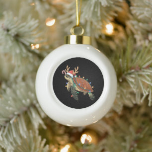 Christmas Sea Turtle Reindeer Antlers Candy Cane Ceramic Ball Christmas Ornament