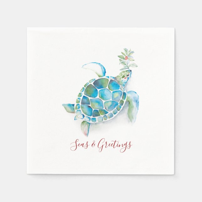 Christmas Sea Turtle Watercolor Seas & Greetings Napkin (Front)