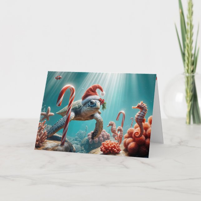 Christmas Sea Turtle With Candy Canes Card (Front)