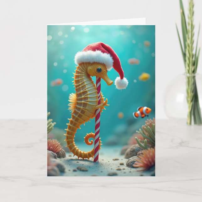 Christmas Seahorse With Candy Cane Holiday Card (Front)